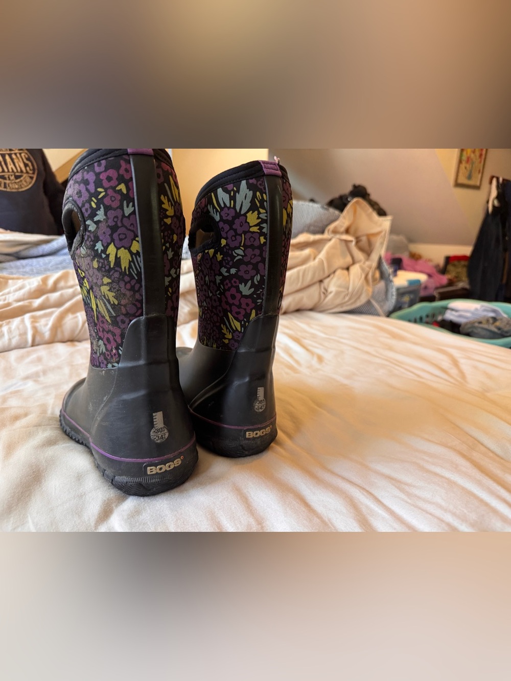 Bogs Kids Black Neoprene Rain Boots with Purple Floral Print